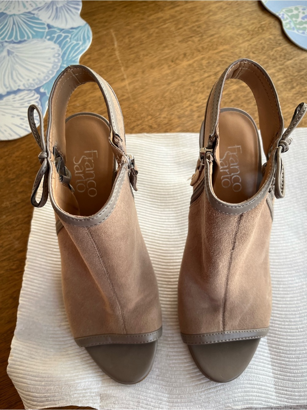 Franco Sarto Taupe Suede Open-Toe Slingback Booties